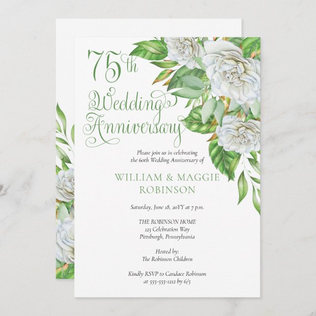Invitation Fête des 75 ans de mariage aux roses blanches (Devant / Derrière)