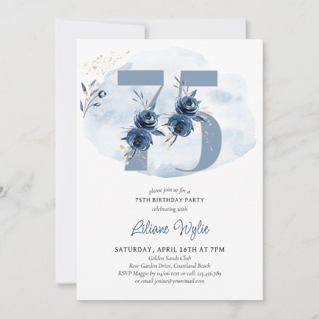 Invitation Fête des 75 ans Fleur bleue côtière Numéro 75 (Devant)