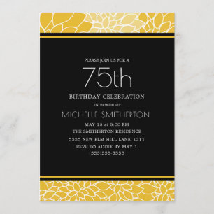 Invitation Fête des 75 ans Fleurs jaunes blanches noires