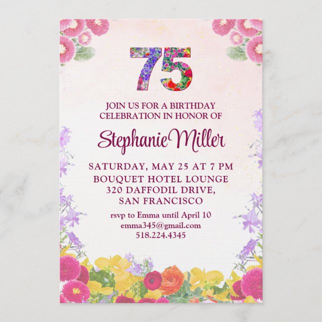 Invitation Fête des 75 ans - Floral Blush Bloom 75 (Devant)