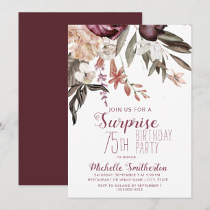 Invitation Fête des 75 ans Floral Bohème Vintage Bourgogne