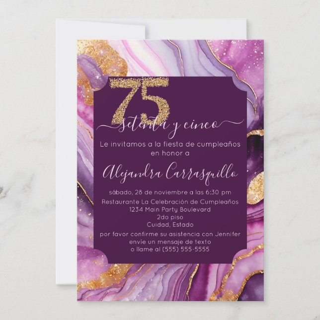 Invitation Fête des 75 ans Magnifique Agate Rose Espagnole (Devant)