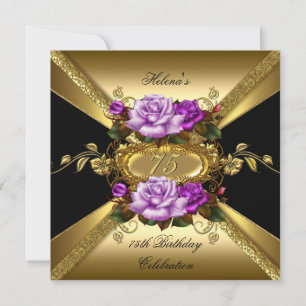 Invitation Fête des 75 ans Roses Violet Or Noir
