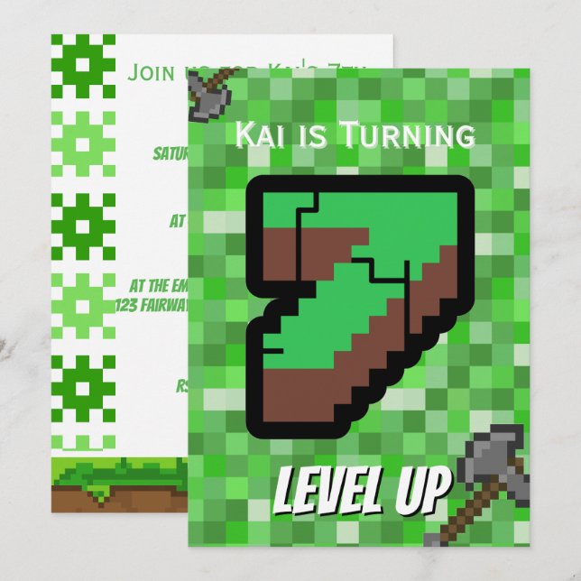 Invitation Fête des 7 ans du joueur pixelisé niveau vert (Devant / Derrière)