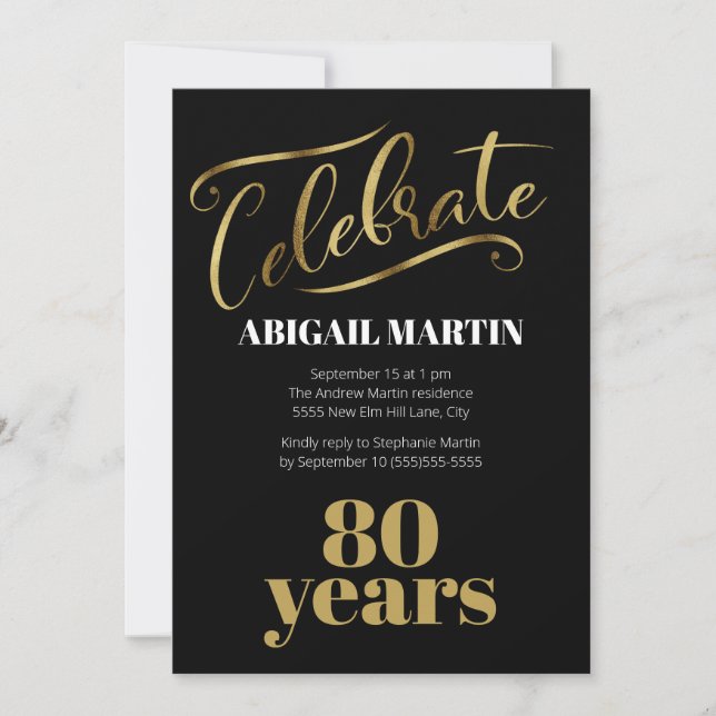 Invitation Fête des 80 ans Black Gold White (Devant)