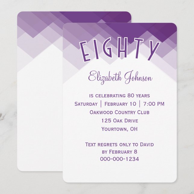 Invitation Fête des 80 ans bordure violette et blanche (Devant / Derrière)
