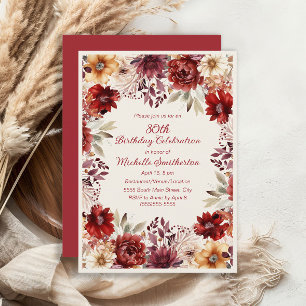 Invitation Fête des 80 ans Burgundy Cream Aquarelle Florale