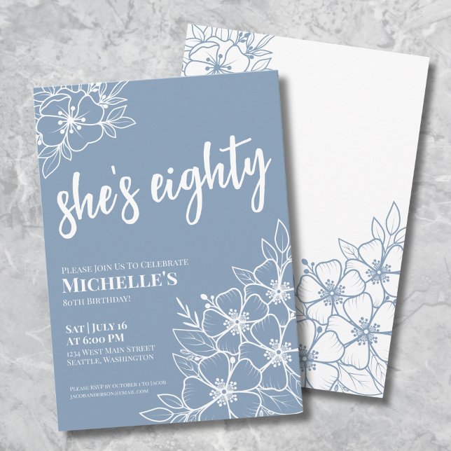Invitation Fête des 80 ans de Eighty Blue (Eighty Dusty Blue 80th Birthday Party Invitation)