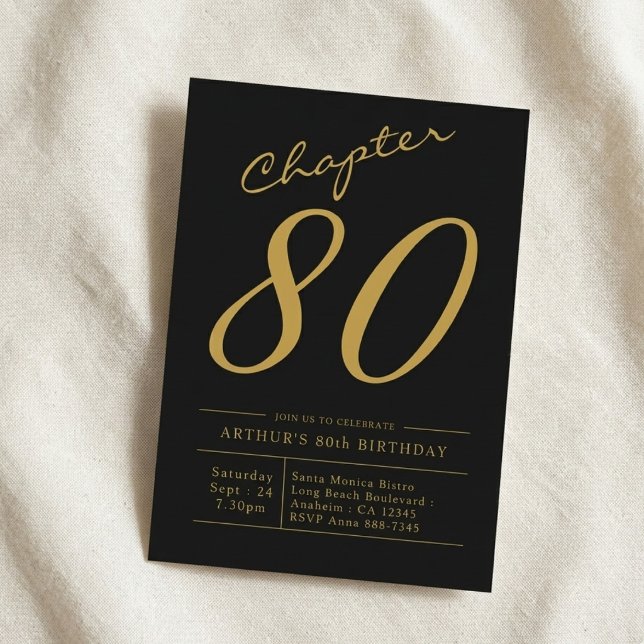 Invitation Fête des 80 ans de Papa 80 Ans Fête Noir Or (80th birthday invite. Cloth background.)