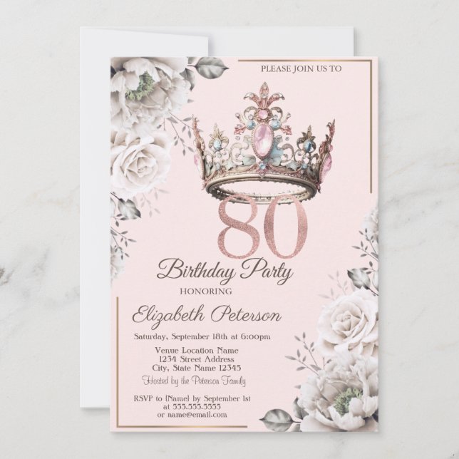 Invitation Fête des 80 ans de Princess Crown Floral (Devant)