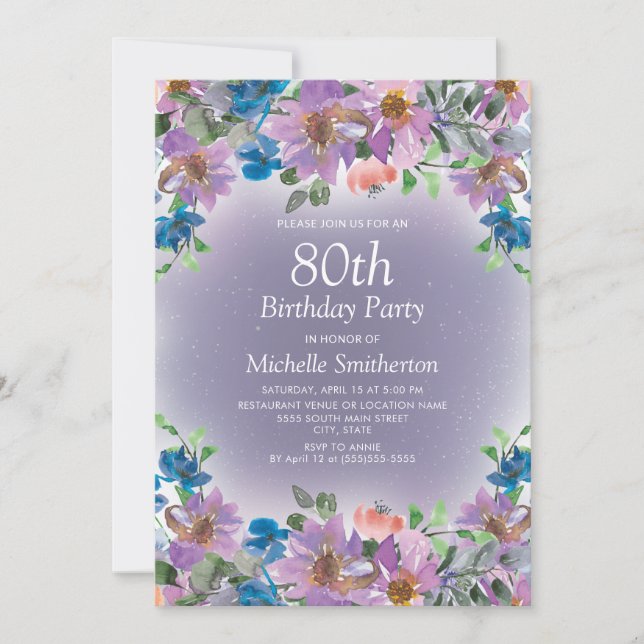 Invitation Fête des 80 ans des femmes florale bleu violet (Devant)