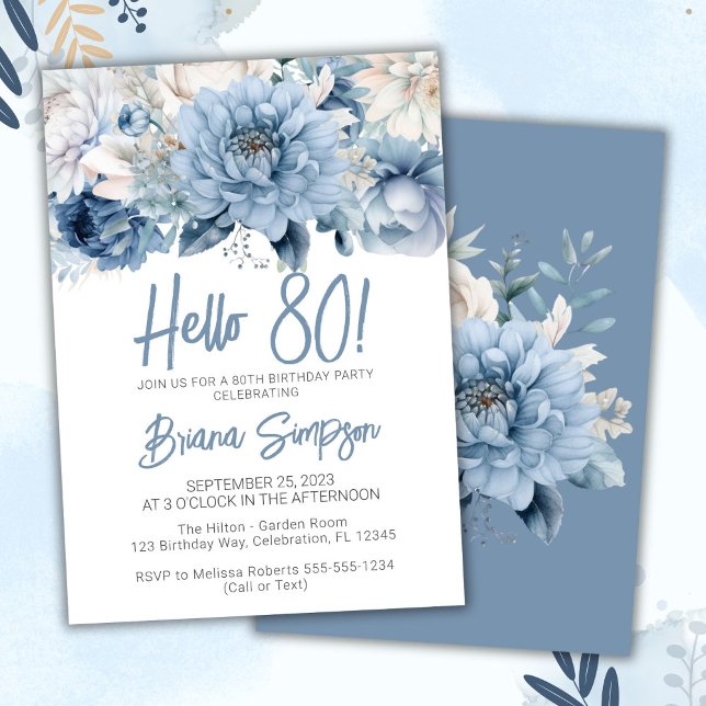 Invitation Fête des 80 ans Dusty Blue Floral (Créateur téléchargé)