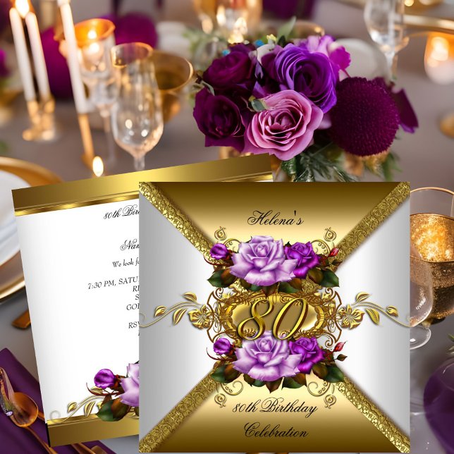 Invitation Fête des 80 ans Elégant Rose Violet Or 3 (Créateur téléchargé)