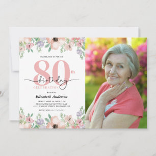 Invitation Fête des 80 ans Élégante Photo Florale Pastel