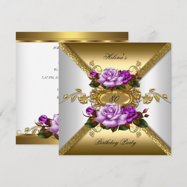 Invitation Fête des 80 ans Élégantes Roses Violet Or (Devant / Derrière)