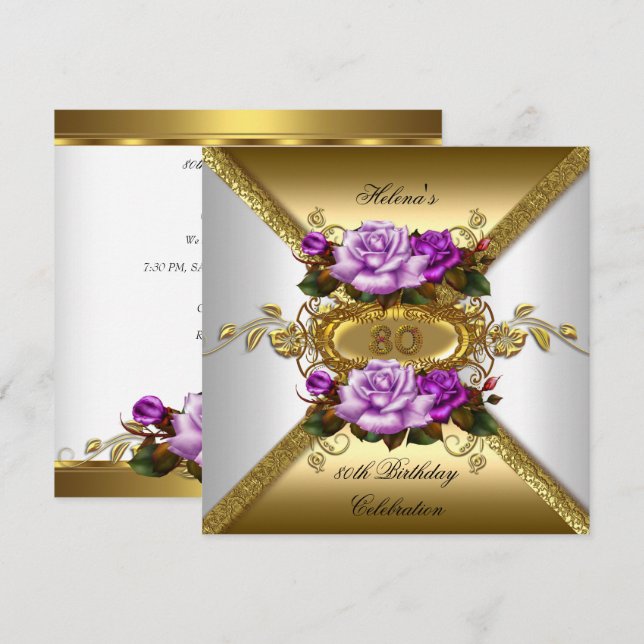 Invitation Fête des 80 ans Elégantes Roses Violet Or 2 (Devant / Derrière)