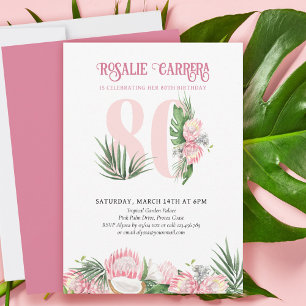 Invitation Fête des 80 ans Fleur de Protea rose tropical Numé