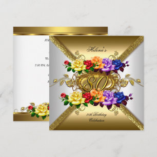 Invitation Fête des 80 ans Multi Couleurs Roses Dorées