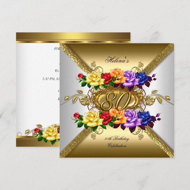 Invitation Fête des 80 ans Multi Couleurs Roses Dorées (Devant / Derrière)
