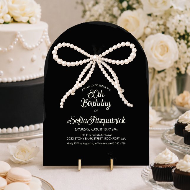 Invitation Fête des 80 ans Noir Blanc Perle Nœud Papillon Arc (Créateur téléchargé)