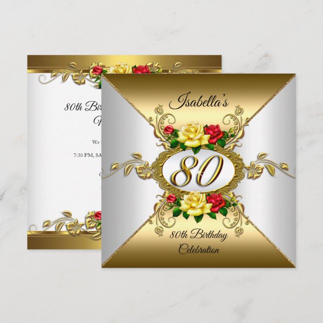 Invitation Fête des 80 ans Roses rouges jaunes or (Devant / Derrière)