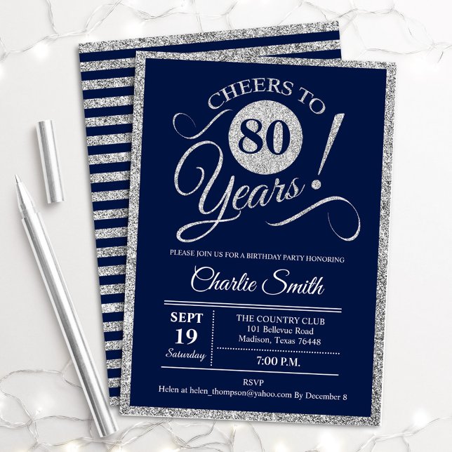 Invitation Fête des 80 ans - TOUT ÂGE Navy Argent (Créateur téléchargé)
