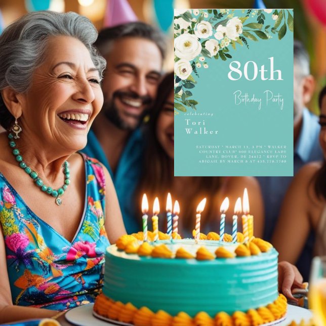Invitation Fête des 80 ans Turquoise Fleurs Blanches en Casca (Créateur téléchargé)