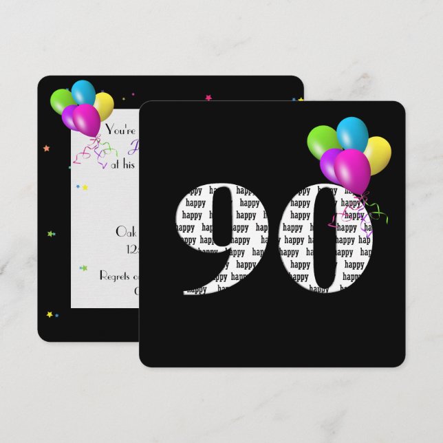 Invitation Fête des 90 ans avec bouquet de ballons (Devant / Derrière)