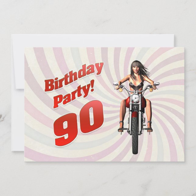 Invitation fête des 90 ans avec une fille sur une moto (Devant)