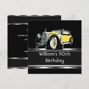Invitation Fête des 90 ans de l'homme Voiture noire vintage