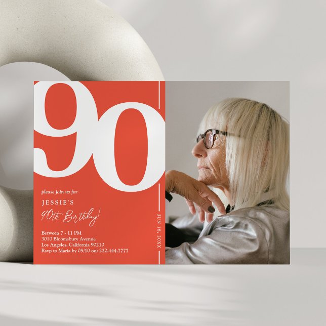 Invitation Fête des 90 ans de Orange Red Photo (Créateur téléchargé)