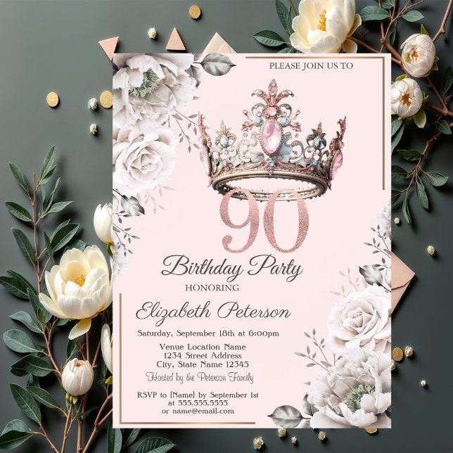 Invitation Fête des 90 ans de Princess Crown Floral (Créateur téléchargé)