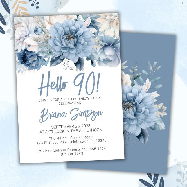 Invitation Fête des 90 ans Dusty Blue Floral (Créateur téléchargé)