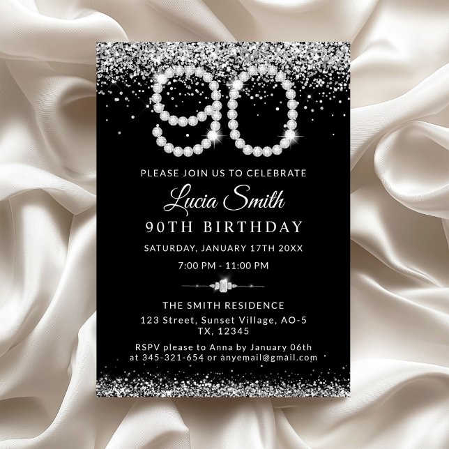 Invitation Fête des 90 ans Elegant Silver Diamonds (Elegant Diamonds 90th Birthday Invitation)