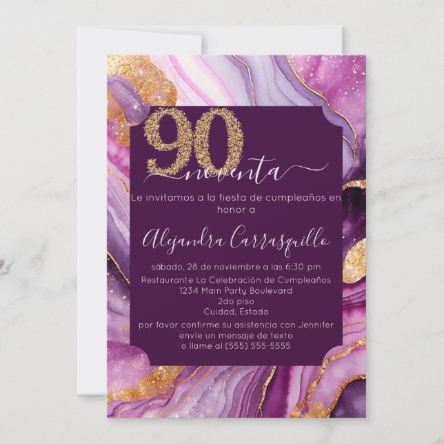 Invitation Fête des 90 ans en Agate Violet Élégant Espagnol (Devant)