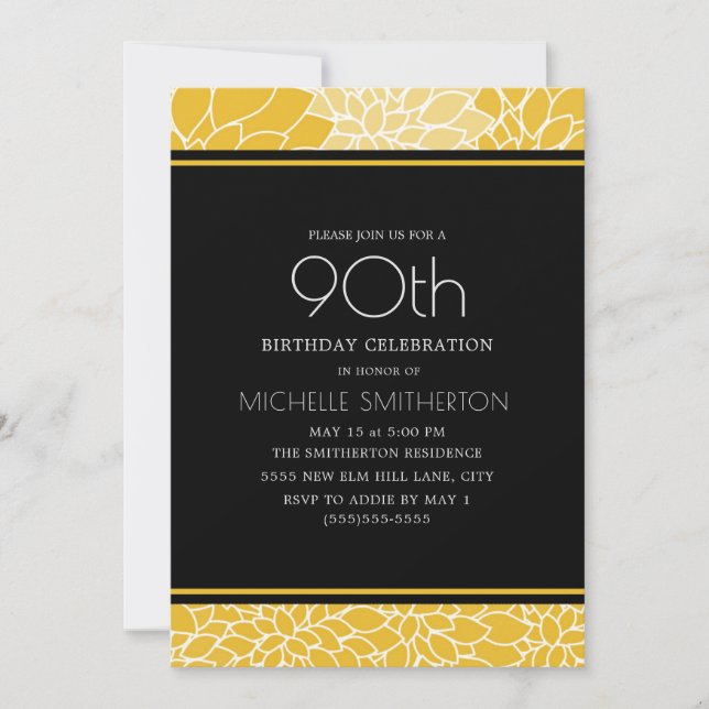 Invitation Fête des 90 ans Fleur Jaune Blanc Noir (Devant)