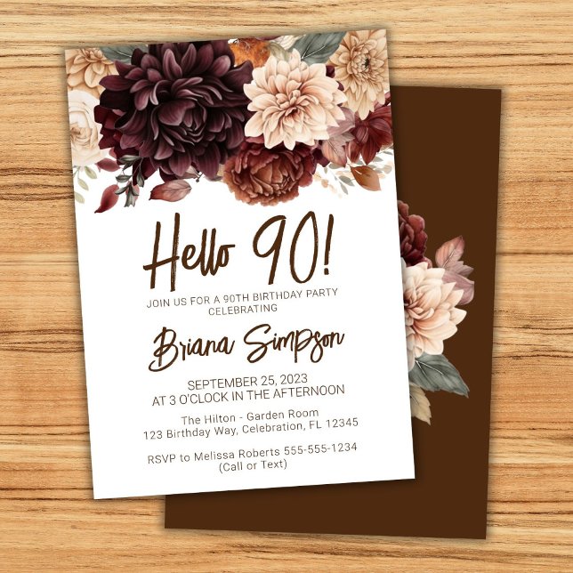 Invitation Fête des 90 ans Fleurs Brun Beige Floral (Créateur téléchargé)