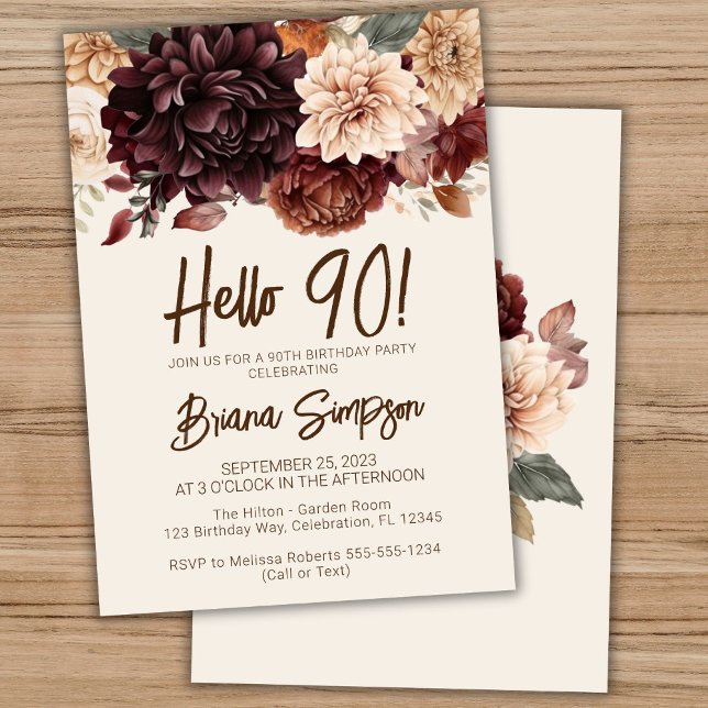 Invitation Fête des 90 ans Fleurs Brun Beige Ivoire (Créateur téléchargé)