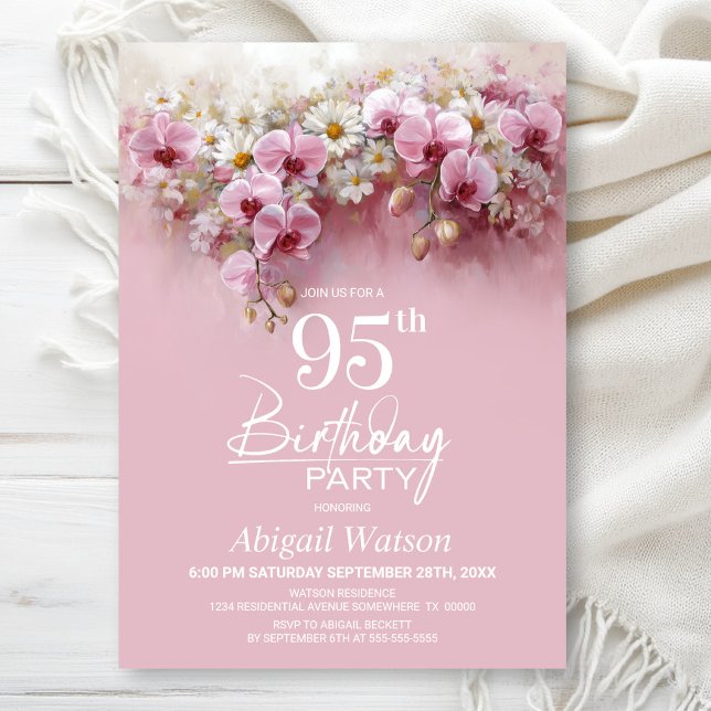 Invitation Fête des 95 ans aux fleurs d'orchidée rose (Créateur téléchargé)