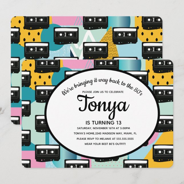 Invitation Fête des années 80 90 Collage Cassette Rétro (Devant / Derrière)