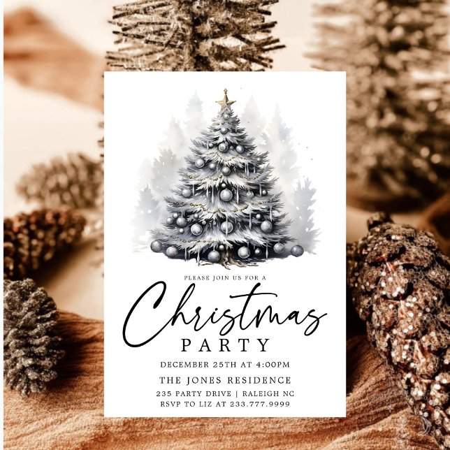 Invitation Fête des arbres de Noël noirs et blancs (Créateur téléchargé)