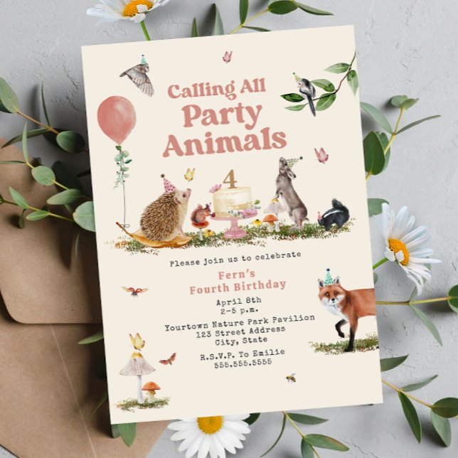 Invitation Fête des bois Animaux rose fête d'anniversaire (Créateur téléchargé)