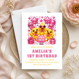 Invitation Fête des Canards Jaunes Mignons et Ballons Roses