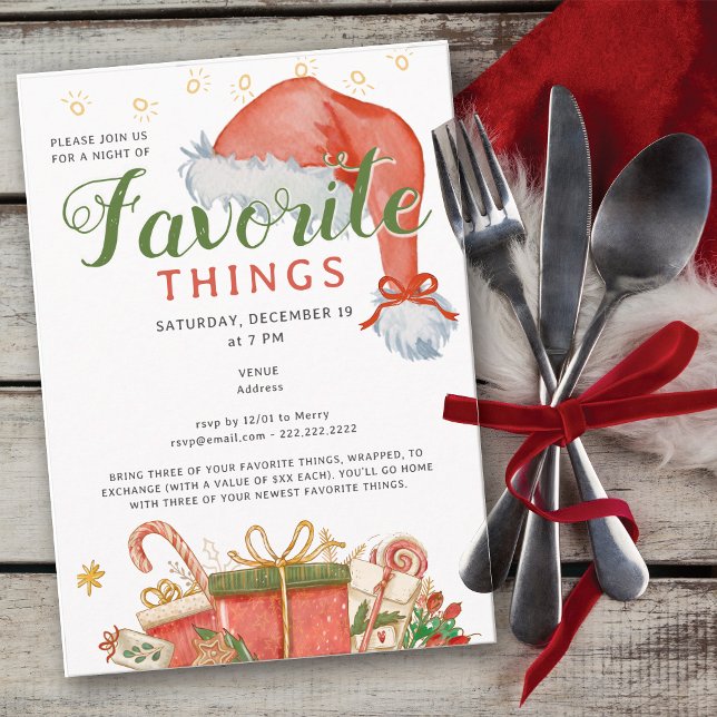 Invitation Fête des Choses Préférées Vacances Cadeau Favori É (Favorite Things Party Holiday Red Gift Exchange Secret Santa White Elephant Office Family & Friends)