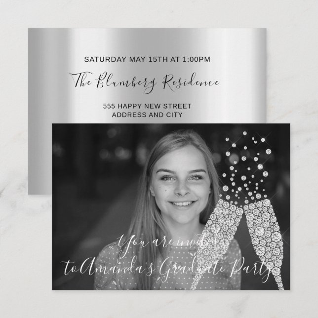 Invitation Fête des diplômés Champaigne en verre bulles Photo (Devant / Derrière)