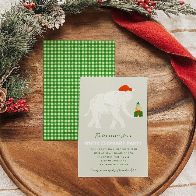 Invitation Fête des éléphants blancs illustrée (Festive White Elephant Party Illustrated Invitation with a green checkered back.)