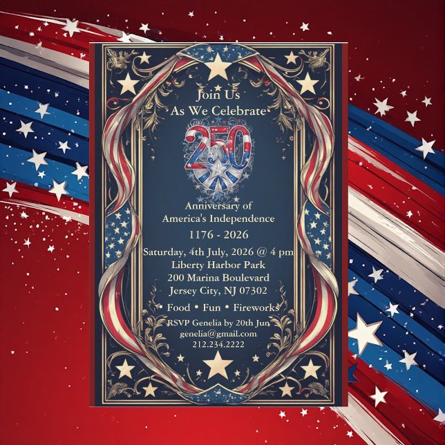Invitation Fête des Étoiles et des Bandes pour le 250e Annive (Americana 250 Anniversary Stars and Stripes Party Invitation)