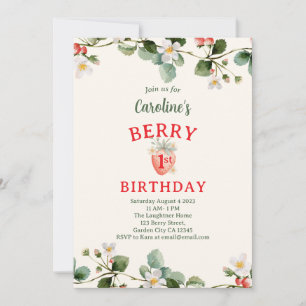 Invitation Fête des Filles Fleur de Fraise pour le Premier An