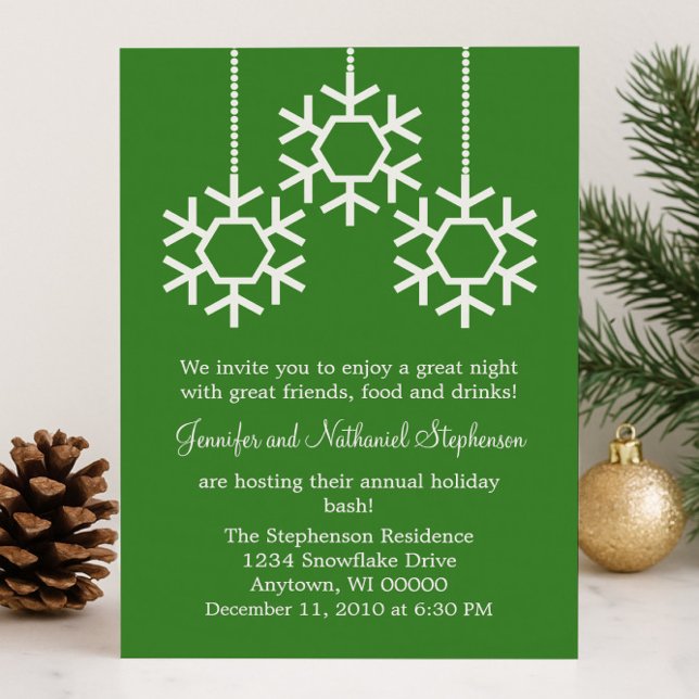 Invitation Fête des flocons de neige en chute, vert (Green Falling Snowflakes Holiday Party Invitation)
