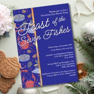Invitation Fête des fruits de mer bleus des 7 Poissons Noël